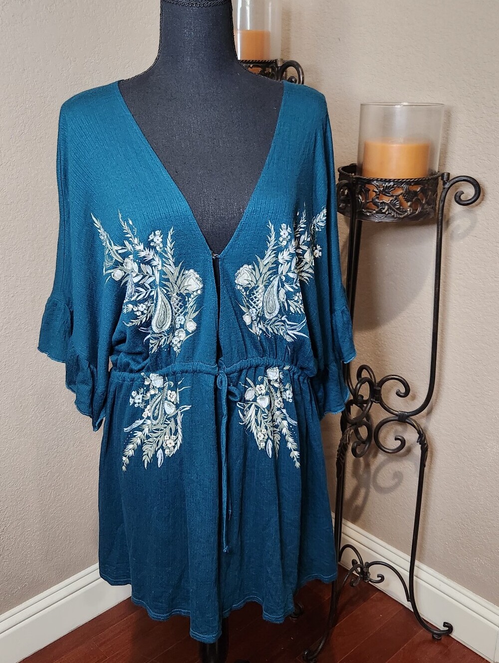 O'Neill Teal V-Neck Drawstring Tunic Swim Coverup With Floral Print Size Large